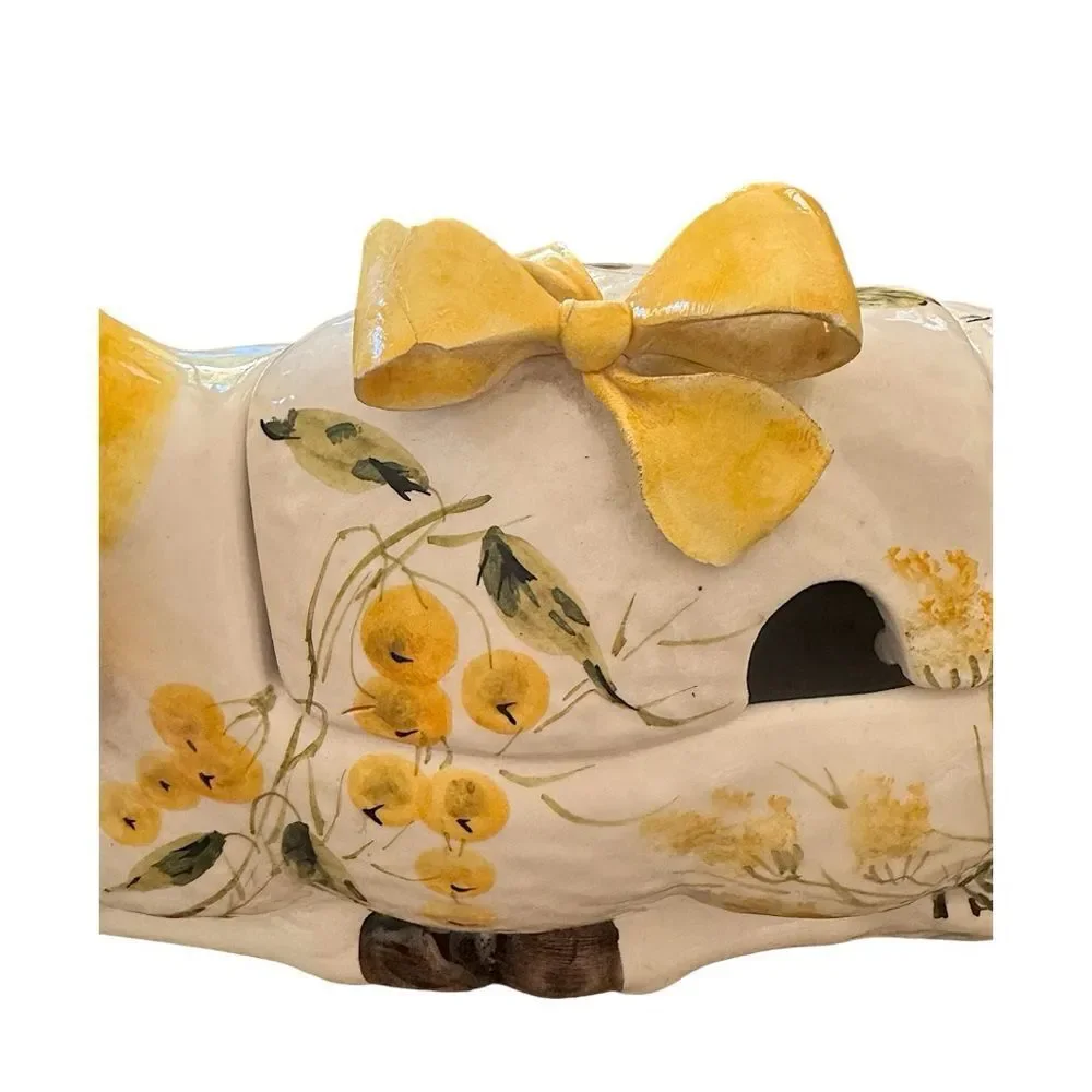 Vintage Italian Lamb Soup Tureen,Spoon Hand-Painted Yellow Mimosa Mid-Century